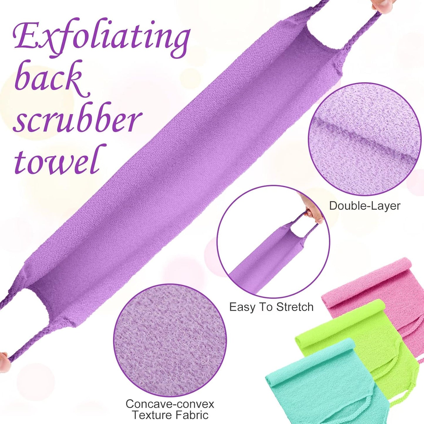 Moukeren Exfoliating Back Scrubber with Handles 4 Pack Nylon Back Exfoliator Extended Length Washers Scrubbers Stretchable Pull Strap Exfoliating Washcloth(Pink,Blue,Fluorescent Green,Purple)