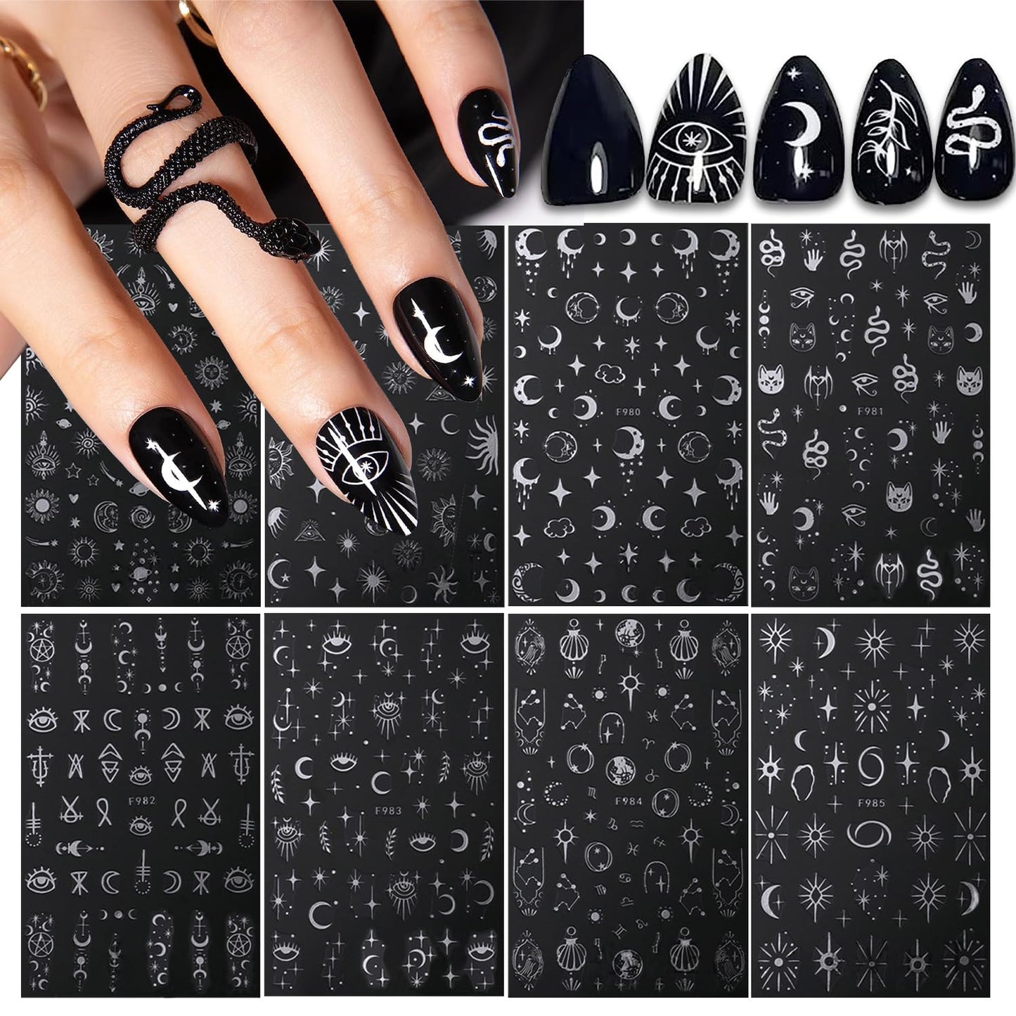 8 Sheets Metallic Nail Art Stickers Decals Silver Moon Star Sun Nail Stickers Eye Snake Nail Decals 3D Self-Adhesive Luxury Nail Art Design Stickers for Women Girls DIY Manicure Decoration Accessories