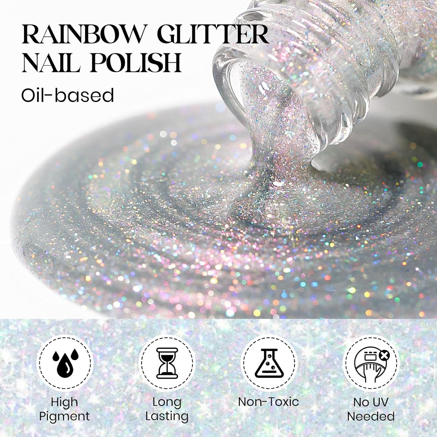 MIZHSE Rainbow Glitter Nail Polish, Quick Dry Iridescent Nail Polish, 15 ml 0.5 fl oz High Glossy Sparkle Shiny Nail Pigment Oil-based Nail Lacquer Nail Art Salon Manicure Home