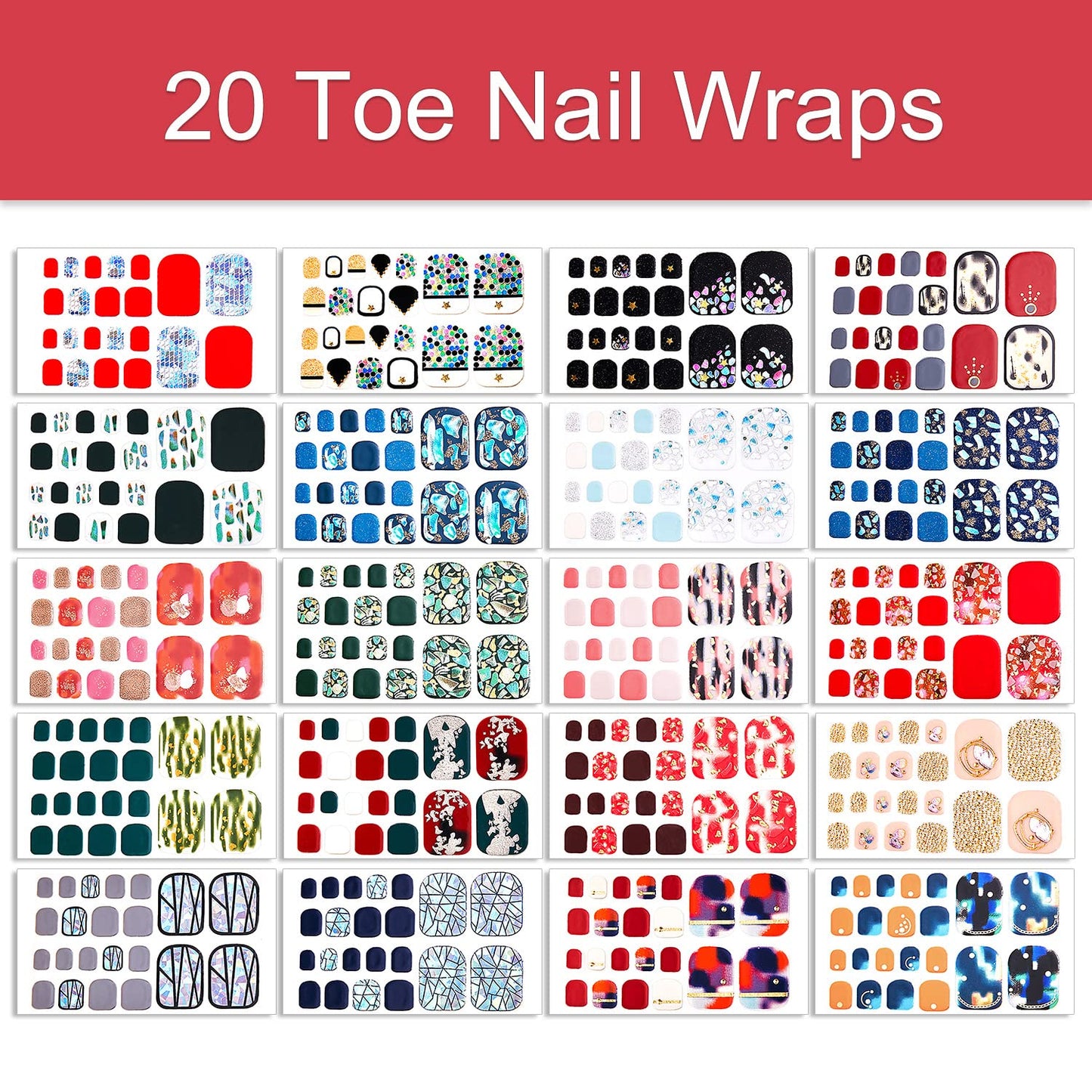 WOKOTO 20 Sheets 440 Pieces Toe Nail Polish Strips for Toes Women Nail Art Wraps Mermaid Gel Nail Strips for Toe Nails Iridescent Shell Flake Design Nail Polish Stickers Stick On Nails for Women