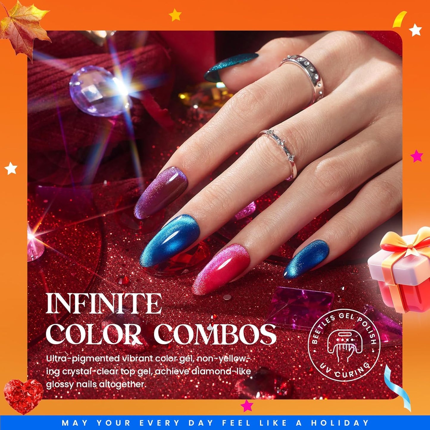 Beetles Halloween Gel Nail Polish 20 Fall Colors Cat Eye Gel Polish Set Burgundy Red Purple Orange Black with Magnet Pen Base Top Coat DIY Salon Manicured Soak Off UV Gifts for Women Gemstone Party