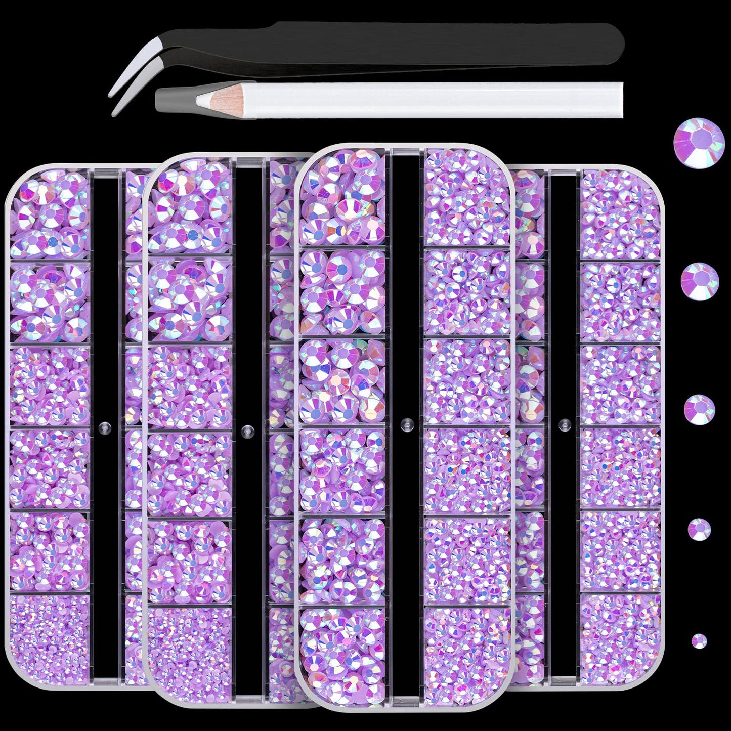 7000PCS Resin Rhinestones with Tweezers for Crafting, 2/3/4/5/6mm Flatback Jelly Rhinestones, 4 Box Lavender Purple AB Non Hotfix Crystal Gems for DIY Crafts Mugs Tumblers Clothes Makeup Nail