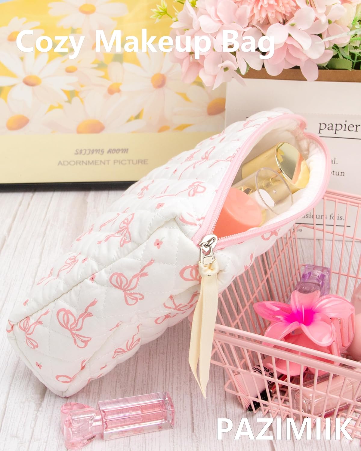 3PCS Makeup Bag SET Large Travel Quilted Zipper Soft Cosmetic Case Pouch for Women Girls Make Up,Bow Pink