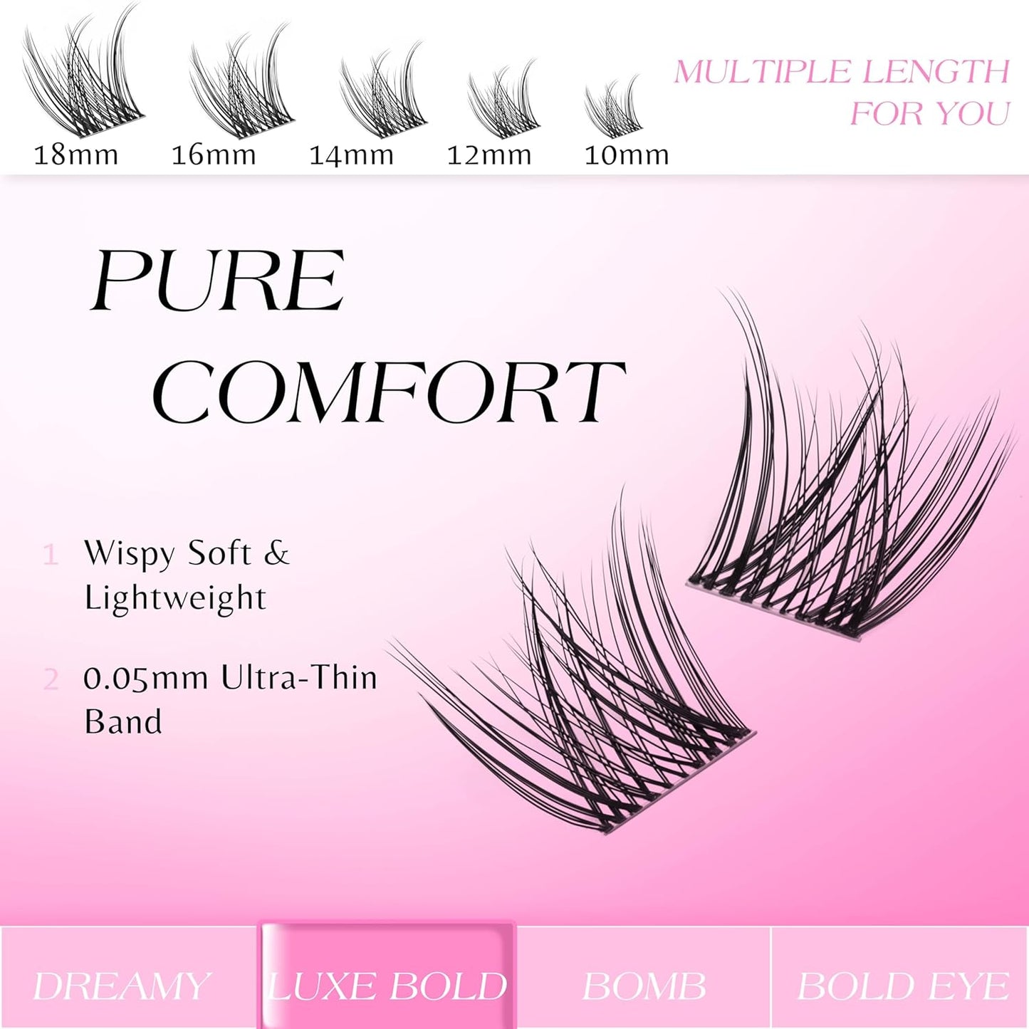 VEYESBEAUTY Lash Clusters Individual Eyelash Extensions Thin & Invisible Band DIY False Eyelashes for Self-application Newbie's Five-Second Series Wispy Lash Tray, LuxeBold 16mm Single Length