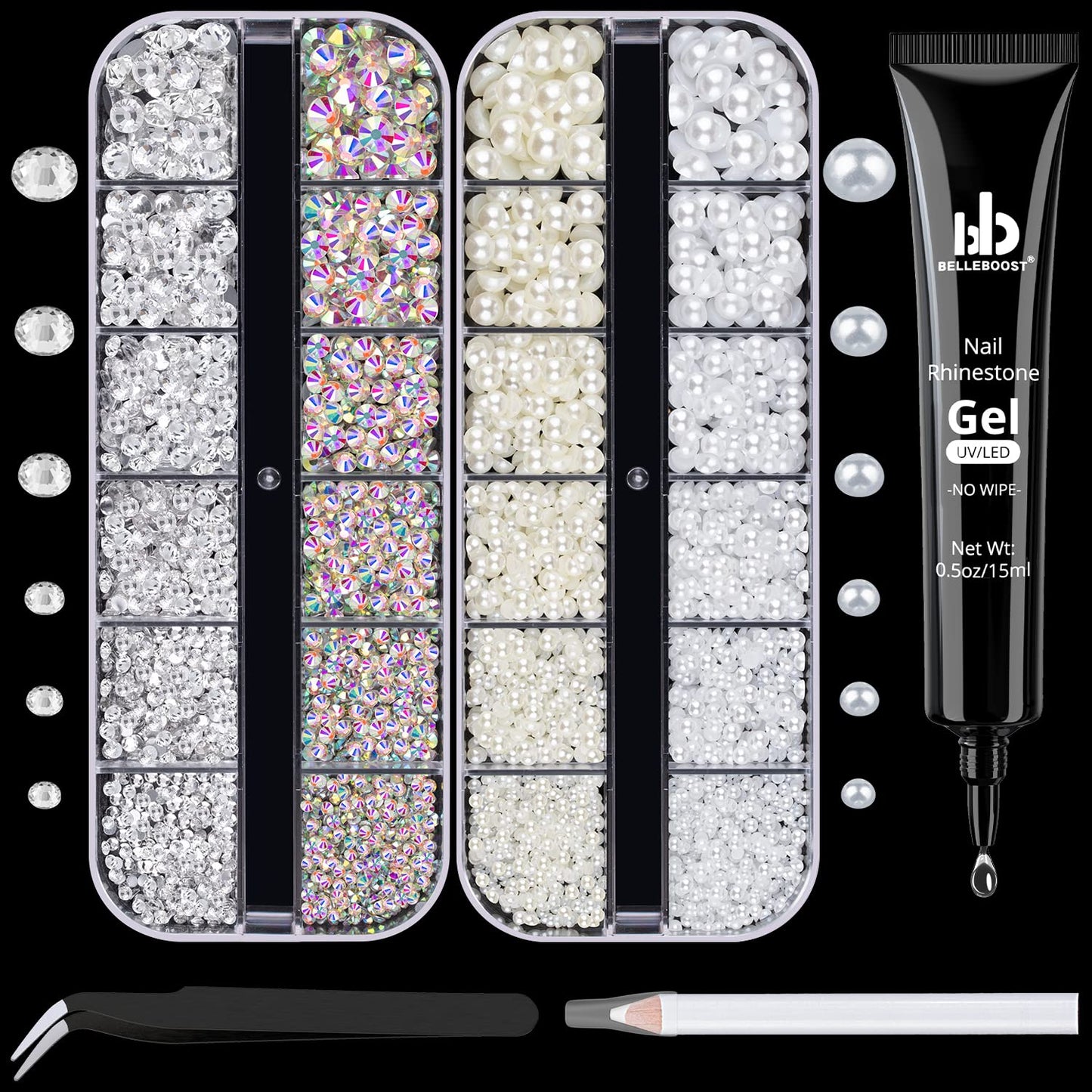 Nail Art Rhinestone Glue Gel&2 Boxes Flatback Gems Kit, 1 Tube of 15ml Rhinestone Gel Glue+Round AB&Clear Gems+Flat-Back Half Round White&Beige Pearls with Pickup Tools