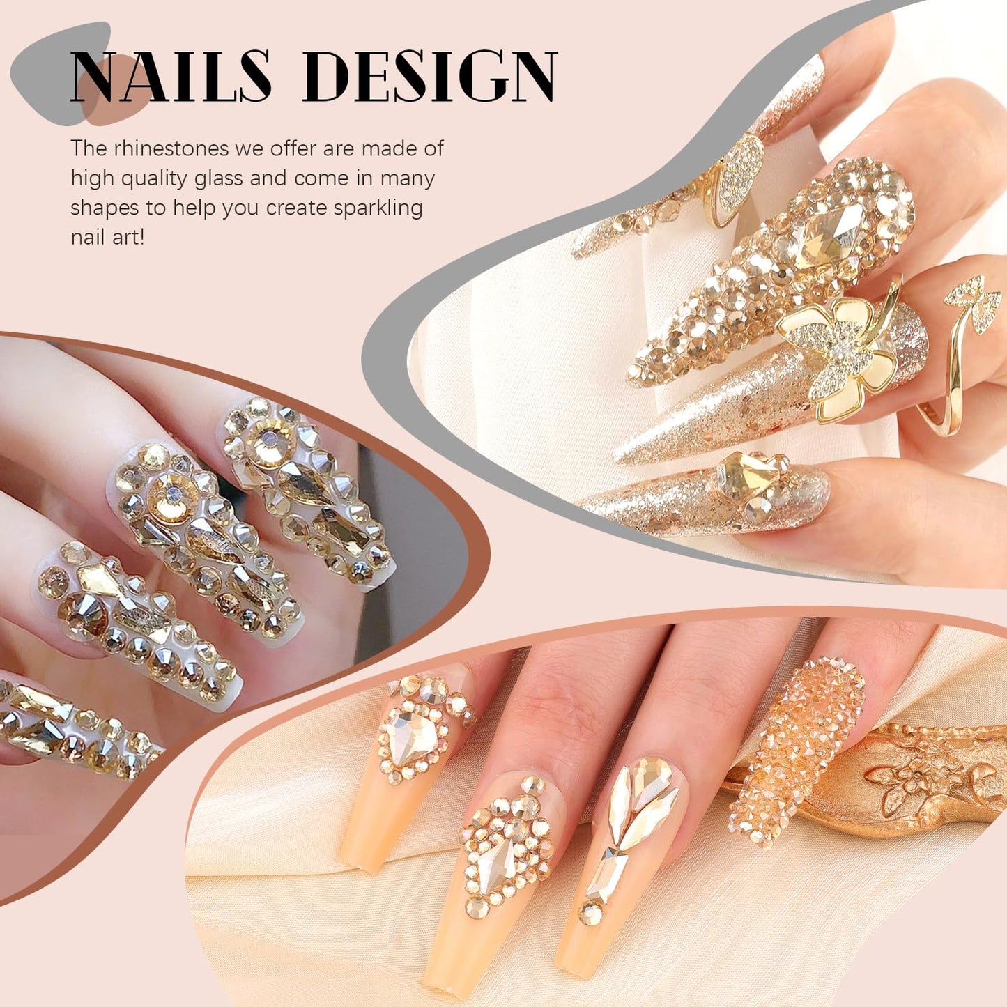 3220Pcs Gold Nail Rhinestones, 1.5-4mm Mini Flatback Crystal & 3D Multi Shapes Gems, Champagne Gold Charms Diamond Gemstones for Nails Decoration