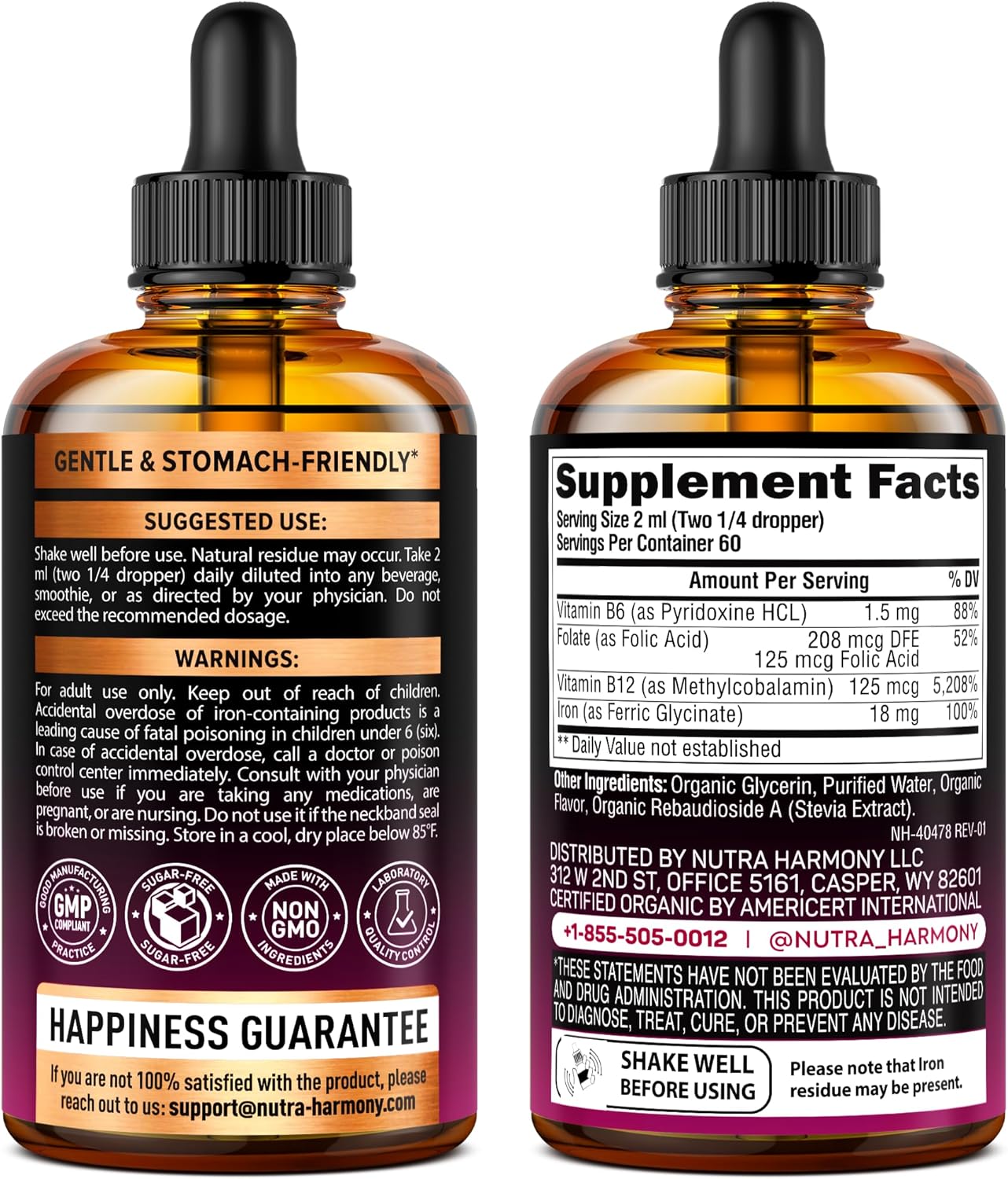Liquid Iron Supplement for Women 18 mg - USDA Organic Iron Drops - with Folate, Vitamin B12 & B6 - Iron Level & Energy - Gentle & High Absorption Glycinate Form - Cherry Flavor, Sugar-Free - 4 fl oz