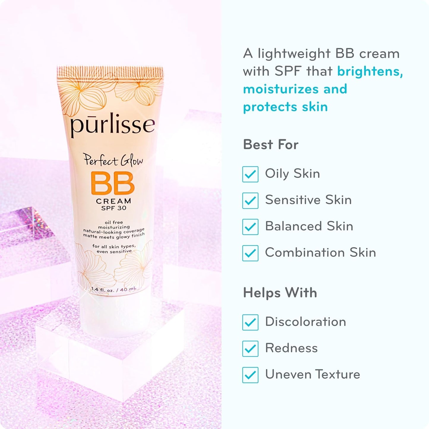 pūrlisse Perfect Glow BB Cream with SPF 30 - Matte Meets Dewy Finish - Enriched with Goji & Hawthorn Berry to Help Improve Skin Texture & Radiance - Light Warm (1.4 oz)