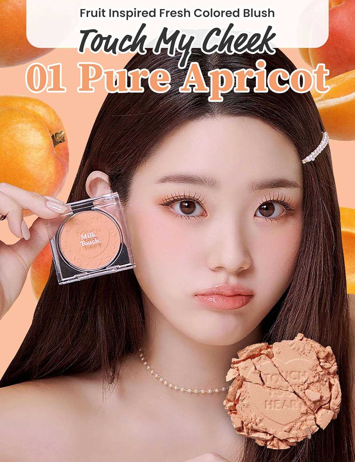 MILKTOUCH Touch My Cheek in Bloom Blush Pure Apricot | Face Blushes Compact Powder Makeup | Shimmer Powder Blush Oil Absorbing Powder Compact | Face Powder for Oily Skin Korean Blush (0.18oz)