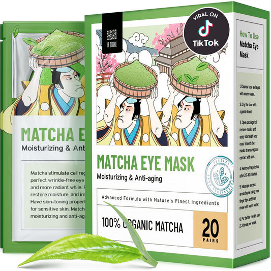 LE GUSHE Under Eye Mask & Under Eye Patches (20 Pairs) - Green Tea Eye Mask with Collagen & Amino Acid, Cooling Eye Care for Wrinkles, Puffy Eyes & Dark Circles, Brightening Skincare