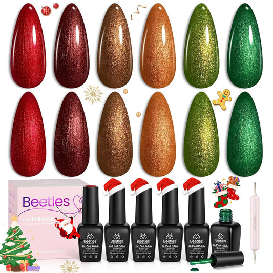 beetles Glitter Gel Nail Polish Set, 6 Colors Glitter Brown Orange Red Green Colors Christmas Nail Drawing Swirl Shell Thread Effect Gel Polish Kit Soak Off Led Nail Gel Polish DIY Mani Gifts