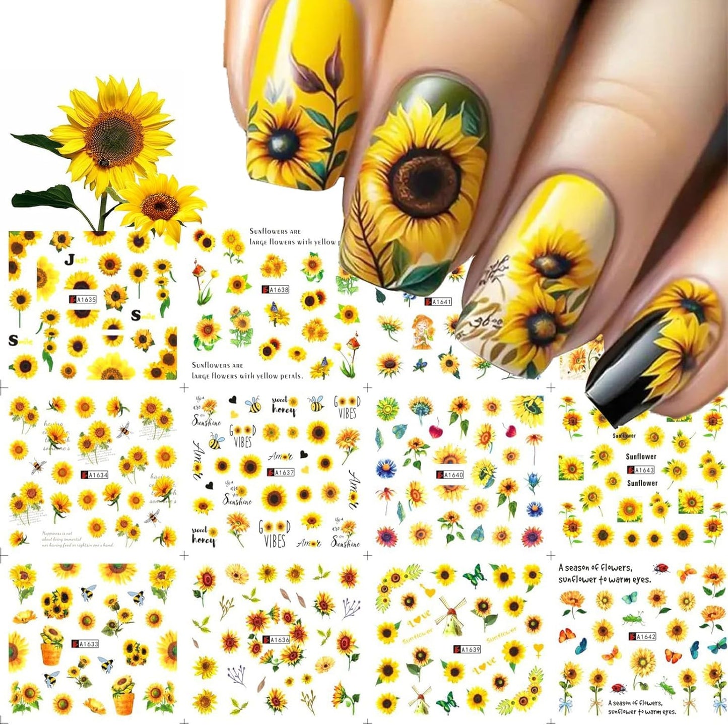Sunflower Nail Stickers Decals Spring Summer Nail Art Water Transfer Floral Butterfly Honeybee Yellow Flower Supplies Cute Accessories for Women Girls 12Pcs