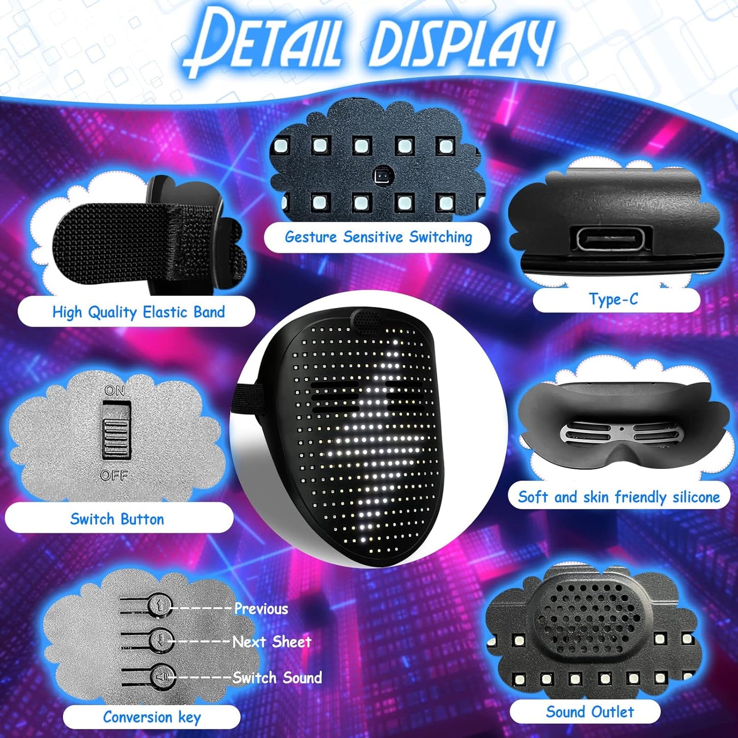 Depointer Life Led Mask with Gesture Sensing,Unisex LED Lighted Face Transforming Mask for Costume Cosplay Party Masquerade