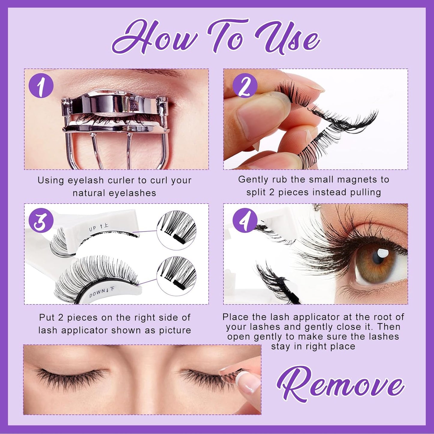 4-Pairs Magnetic Eyelashes Kit with Applicator: Natural Reusable Soft Waterproof False Lash, No Glue Needed, Wendy Lashes, K8+604
