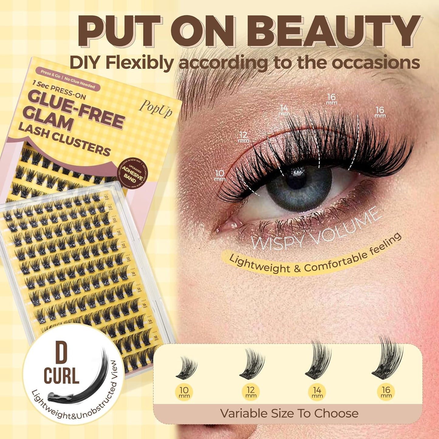 PopUp Self Adhesive Eyelashes Clusters, Press On Lashes Pre Glued Eyelash Extension Kit with Lash Tweezer,10-16mm No Glue No Remover Needed Self Adhesive Lashes Clusters NM03-D