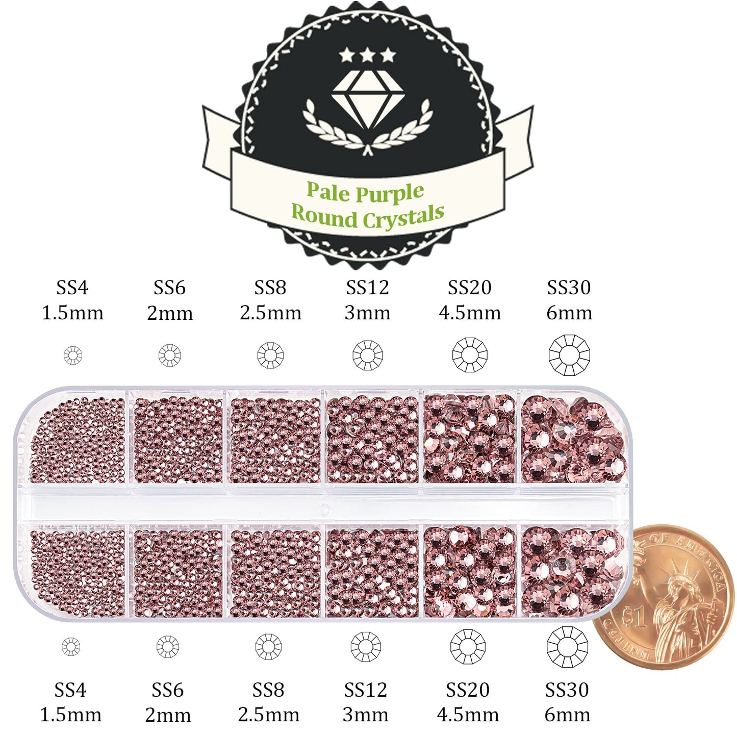 One Pack 2000 Pcs of Flatback Round Pale Purple Rhinestones 6 Sizes (1.5-6 mm) with Nail Art Rhinestone Picker Pencil and Tweezer for DIY and Salon Use