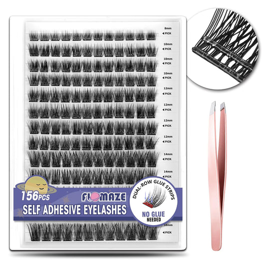 Self Adhesive Eyelashes, 156 PCS Self Adhesive Eyelash Clusters, No Glue Needed, Dual-row Glue Strips 8-16mm Mixed Individual Lash Extension Super Sticky Reusable False Lashes