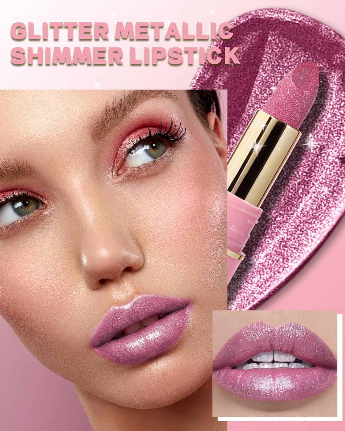 Metallic Nude Pink Glitter Lipstick Long Lasting,Glitter Lipstick Diamond Shimmer Lip Gloss for Women,Transfer Proof Non-Stick Lipgloss Highly Pigmented Full Coverage Red Lip Color Makeup Gift-02