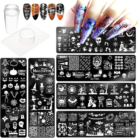 Halloween Nail Stamper Kit 6 Pcs Nail Plates +1 Nail Stamper + 1 Nail Scraper Horror Skull Spider Ghost Bat Nail Art Design Template Nail Stencils Plates Nail Supplies Tools Nail 8pcs Set