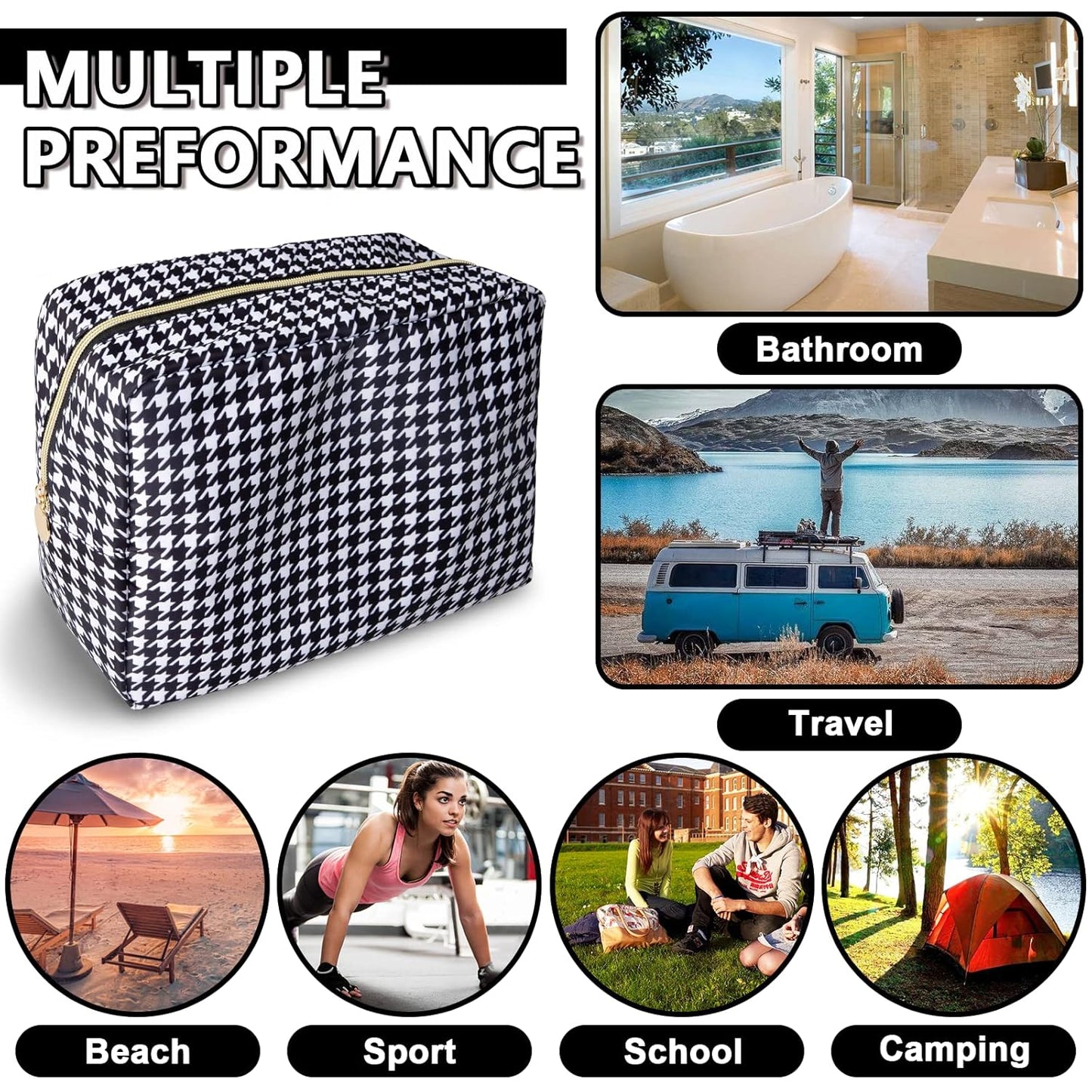 Large Makeup Pouch, Nylon Women Travel Toiletry Storage Houndstooth Cosmetic Bag for Girls, Big Preppy Makeup Organizer Cute Zipper Pouch Skincare Bag for Sport School (Large-Houndstooth)