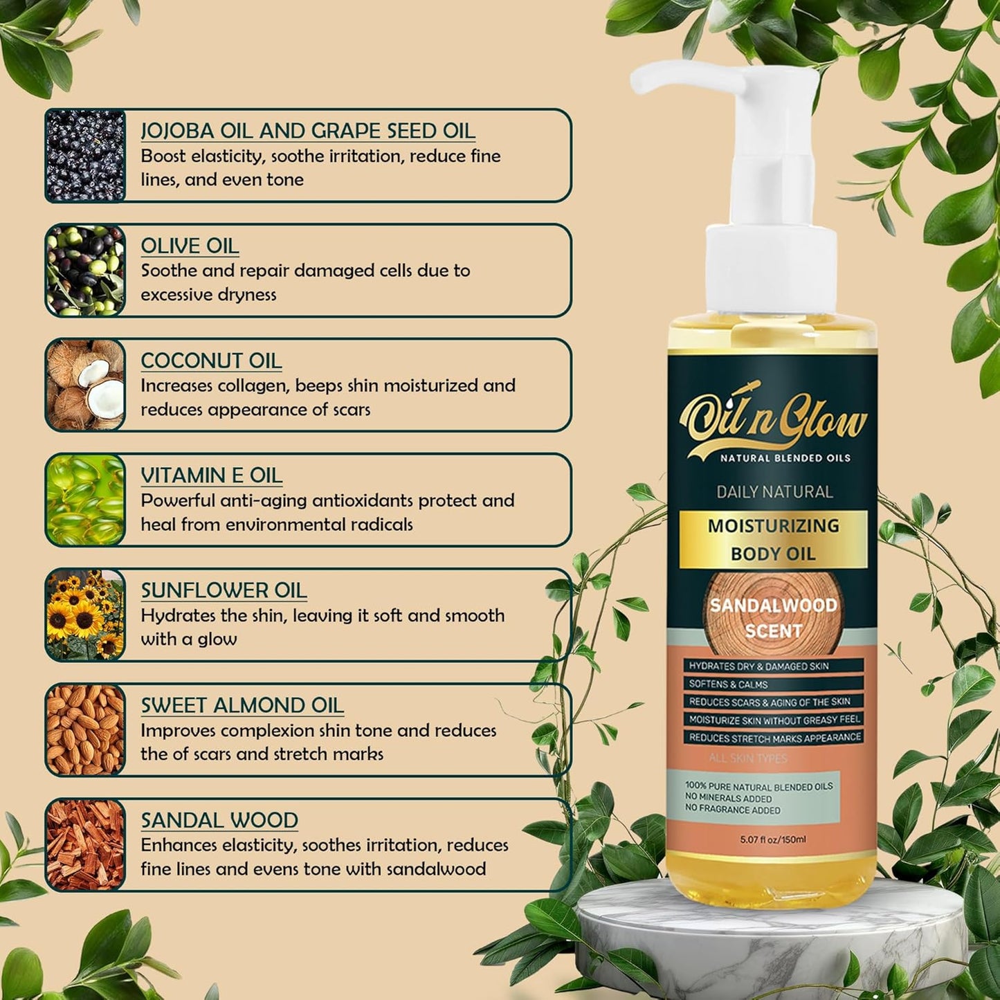 USDA Certified Organic Pure Natural Hydrating Body Oil After Shower With Coconut, Jojoba, Olive & Almond Non-Greasy Moisturizing Oil For Women & Men Dry Skin 5.07 fl oz/150ml-Sandalwood Scent