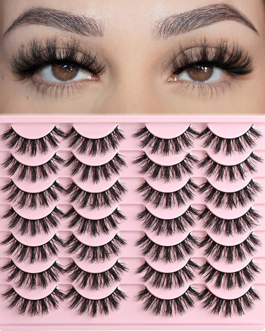 FARRED Fluffy Lashes Natural Eyelashes Short Wispy Eye Lash Strips 14 Pairs Separated Volume Eyelash Pack 16mm Dramatic Wispies Fake Strip Lashes Clusters Cat Eye Pestañas Spiky Look (F24 | 9-16mm)