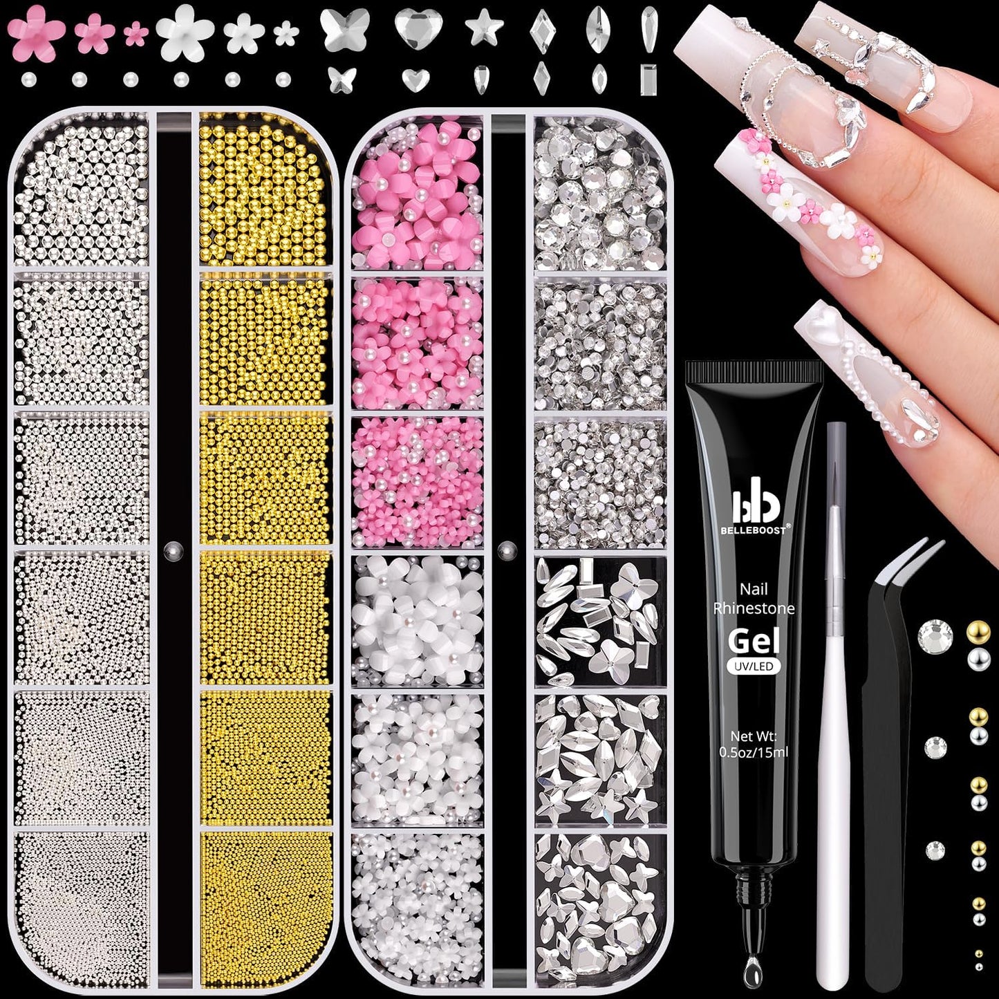 Metal 3D Flowers, Glass Rhinestones, Flatback Pearls, Caviar Beads for Nail Art - Multi Shapes Gems, Blossom Pearl Charms, Glue Gel for Manicure Decor