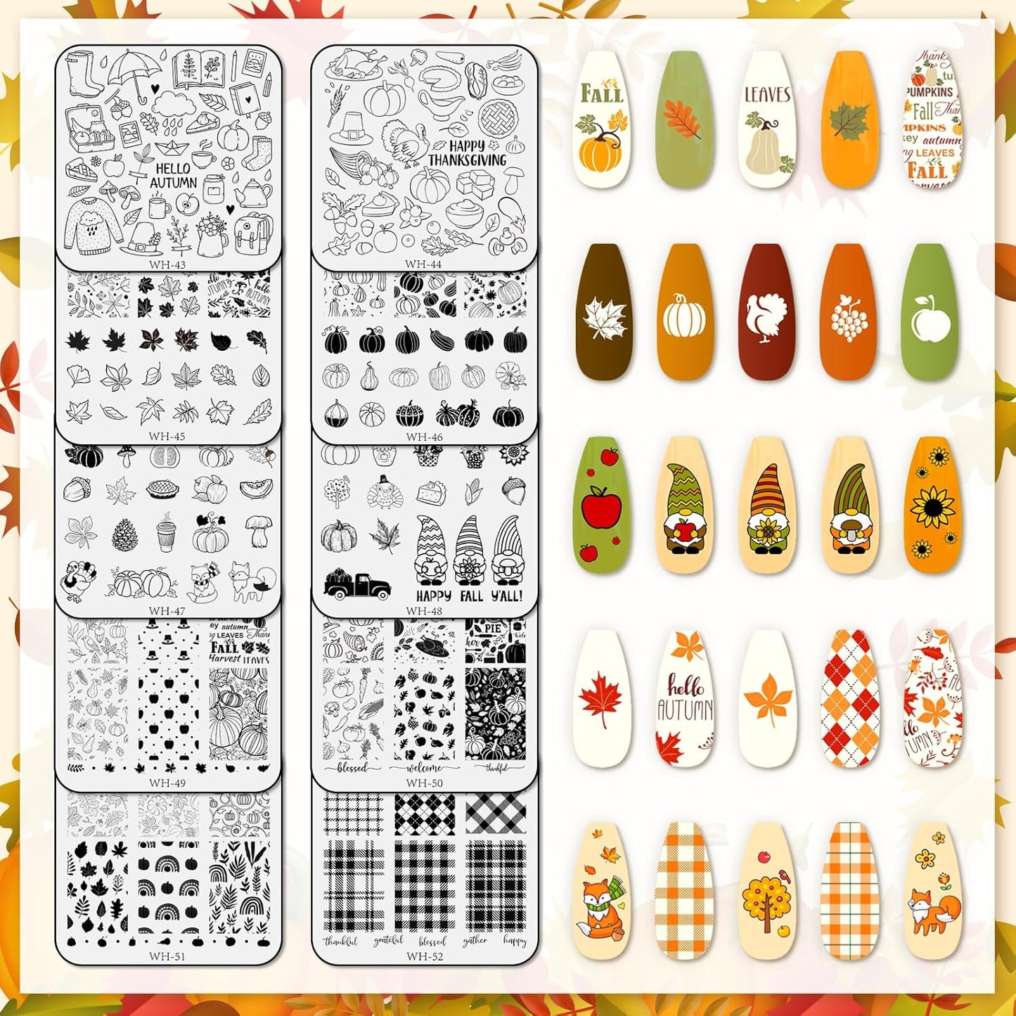 Whaline 10 Sheet Fall Nail Art Stamping Plates Kit Happy Thanksgiving Pumpkins Maple Leaf Gnome Plaid Autumn Blessings Collection Nail Art Plate for Autumn Thanksgiving Nail Art Design DIY Print