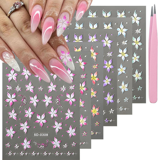 Flower Nail Stickers for Nail Art 5D Embossed Nails Decals Spring Summer Lily Decoration for Women Nails Design 3D Self Adhesive Pink Blue Green Flower Supplies
