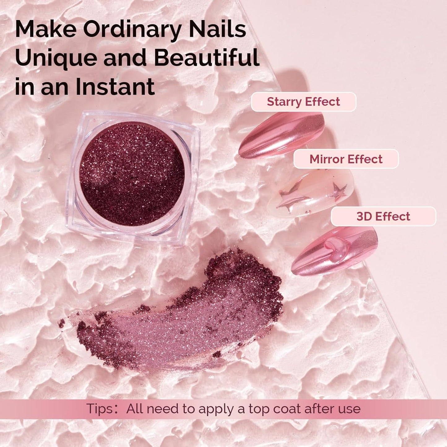 MelodySusie Pink Chrome Nail Powder for Gel Nails,Metallic Mirror Effect Pigment Stylish Fine Glitter for Home DIY Salon Use