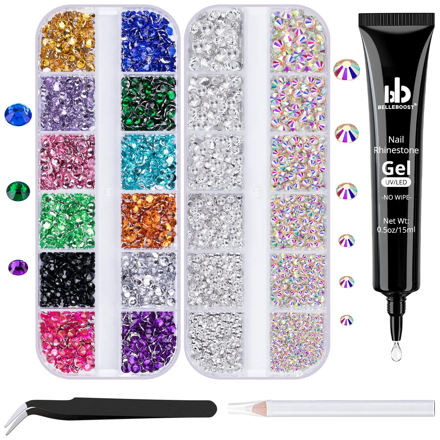 Nail Art Rhinestone Glue Gel&2 Boxes Flatback Gems Kit, 1 Tube of 15ml Rhinestone Gel Glue+Colorful Gems+Flat Back Round Glass Crystal AB&Clear Gemstones with Pickup Tools