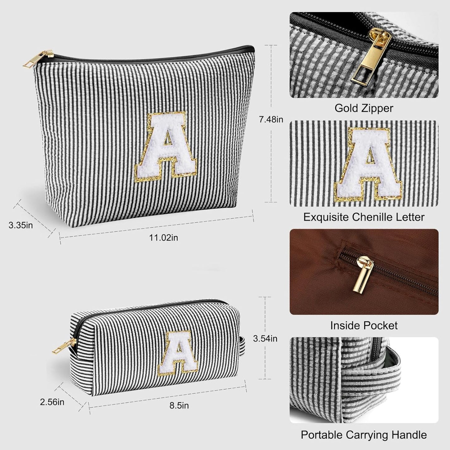 YOOLIFE Gifts for Teen Girls - Personalized Initial Cosmetic Makeup Pouch | Travel Bag | Black