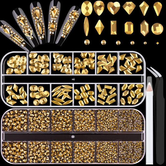 2680Pcs Mineral Gold Glass Nail Rhinestones 120Pcs Multi Shapes Flatback Nail Gems + 2560Pcs 1.5-4mm Round Crystal, Manicure Nail Charms Diamond Gemstones for Acrylic Nails Decoration