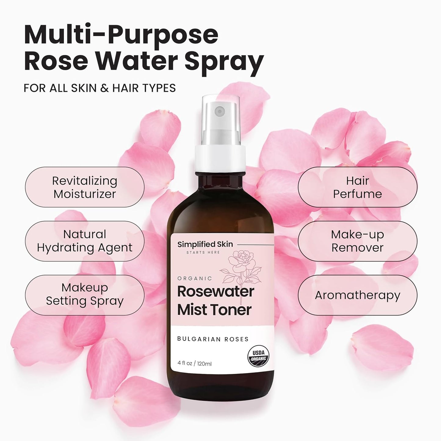 Rose Water Spray for Face & Hair - Organic USDA Certified Rosewater Facial Toner - Alcohol-Free Makeup Setting Hydrating Face Mist - Anti-Aging Toner Spray - 4 Oz