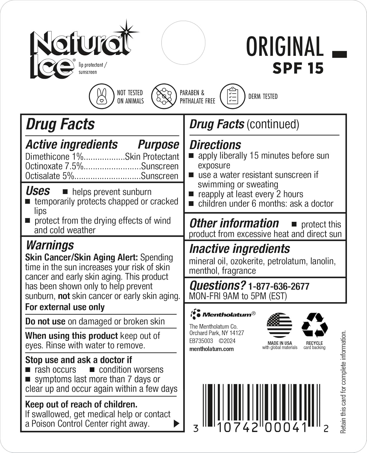 Mentholatum Natural Ice Lip Balm Original SPF 15 1 Each ( Packs of 48), 0.16 Ounce (Pack of 48)