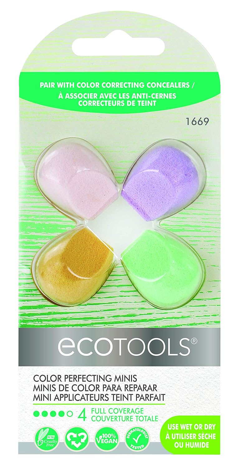 EcoTools Cruelty Free Color Perfecting Minis, Four Sponges Designed with Eco Foam Technology, a Unique Shape for Enhanced Precision, Purple, 4 Count