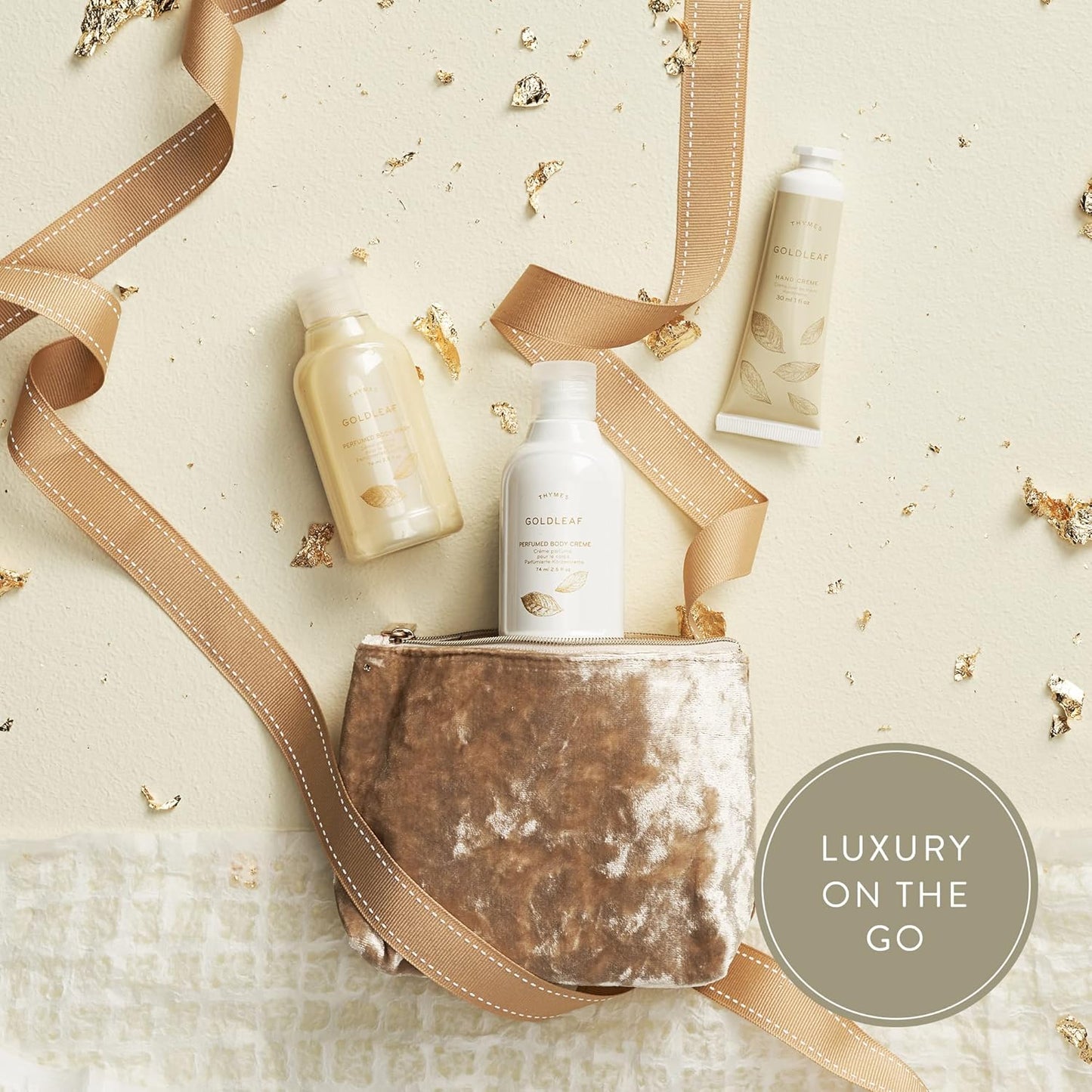 Thymes Perfumed Travel Set and Beauty Bag - Contains Body Wash, Body Lotion & Hand Cream - Goldleaf