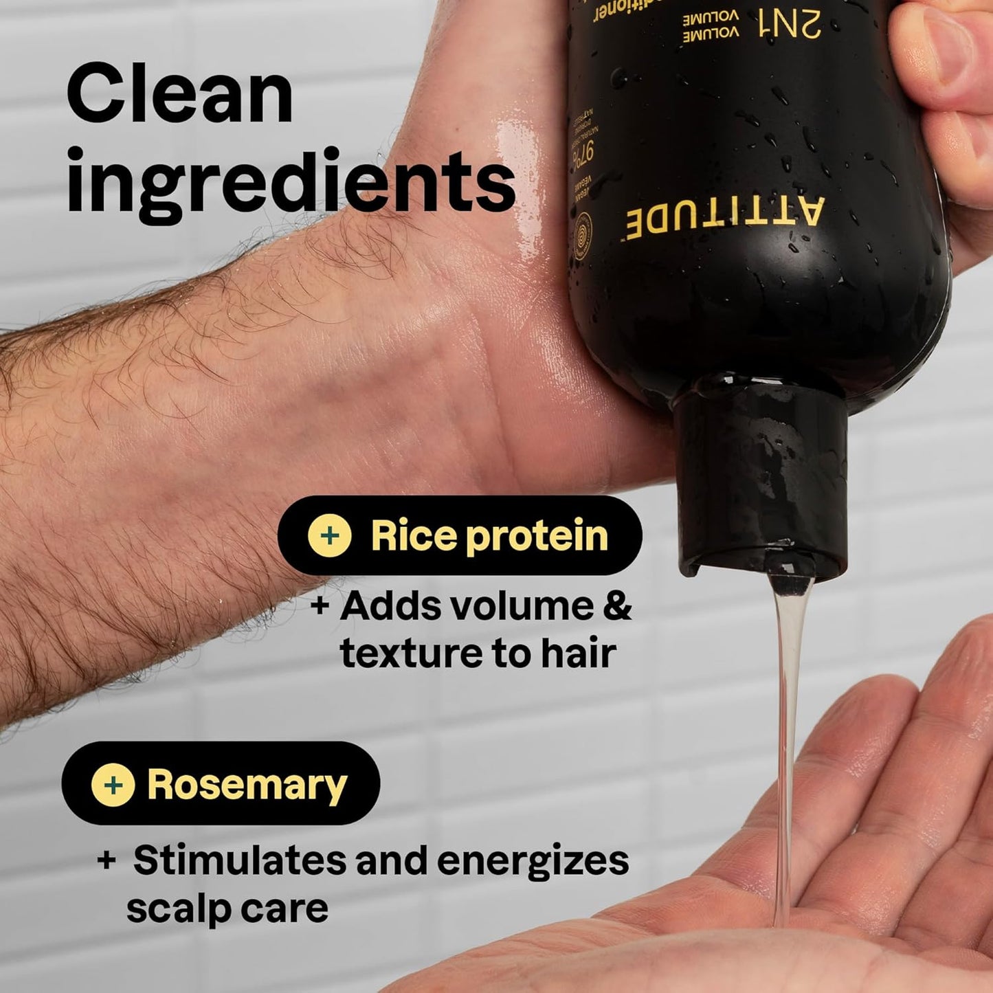 ATTITUDE Men's Shampoo and Conditioner 2-in-1, Volumizing for Thin Hair, With Rosemary and Rice Protein, 97% Natural Origin Ingredients, EWG Verified, Amber & Citrus, 14 Fl Oz