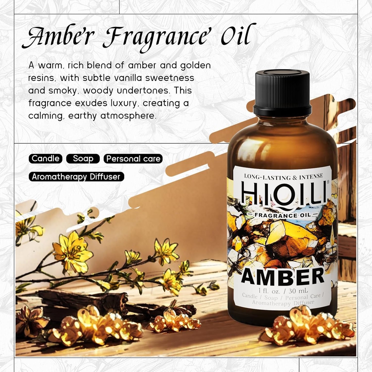 HIQILI Amber Fragrance Oil for Candle, Perfume, Soap Making, Hotel Scents for Essential Oil Diffuser & Aromatherapy - 1 Fl Oz