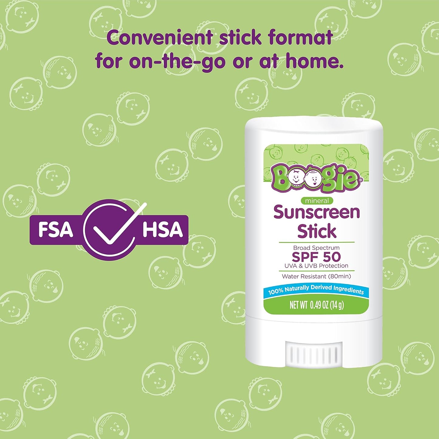 Baby Sunscreen Stick by Boogie Block, Mineral Sunscreen SPF 50, FSA/HSA Eligible, Travel Size Sunblock for Kids, Zinc Oxide, Water Resistant, Vegan, Fragrance Free Pack of 2