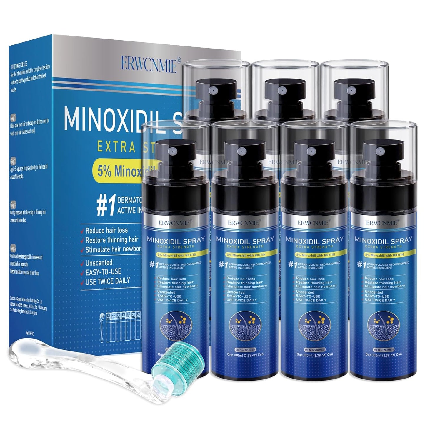 5% Minoxidil Spray for Men and Women-7 pack, Infused with Biotin, Beard Growth, Extra Strength Treatment to Combat Hair Loss and Thinning, and Fuller Hair & Beard (11 Month Supply, Extra Strength)