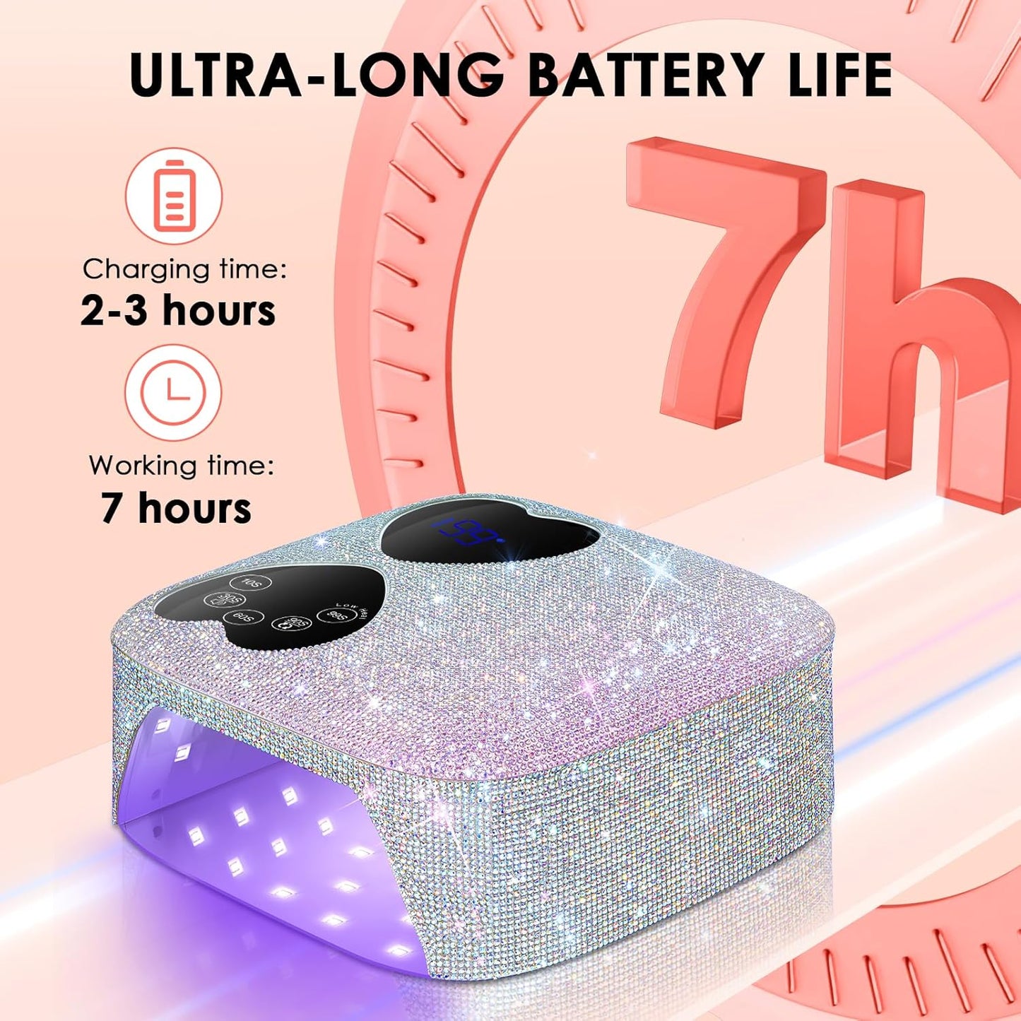 UV LED Nail Lamp Cordless, HUITINE 80W Rechargeable UV Light for Gel Nails, Professional Gel Light Dryer with 5 Timers & Mirror Base, Sparkling Rhinestones Diamond Curing Lamp for Salon & Home
