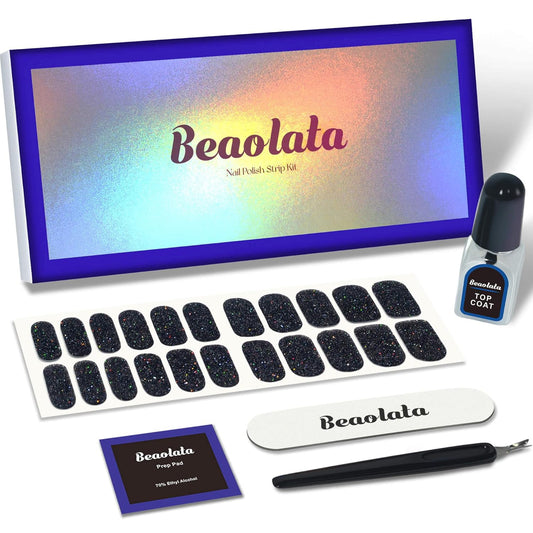 Nail Polish Strips, 44PCS Salon Quality Wraps with Top Coat, Long Lasting Gel Nail Stickers for Women Easy Apply& Remove (Starry Black)