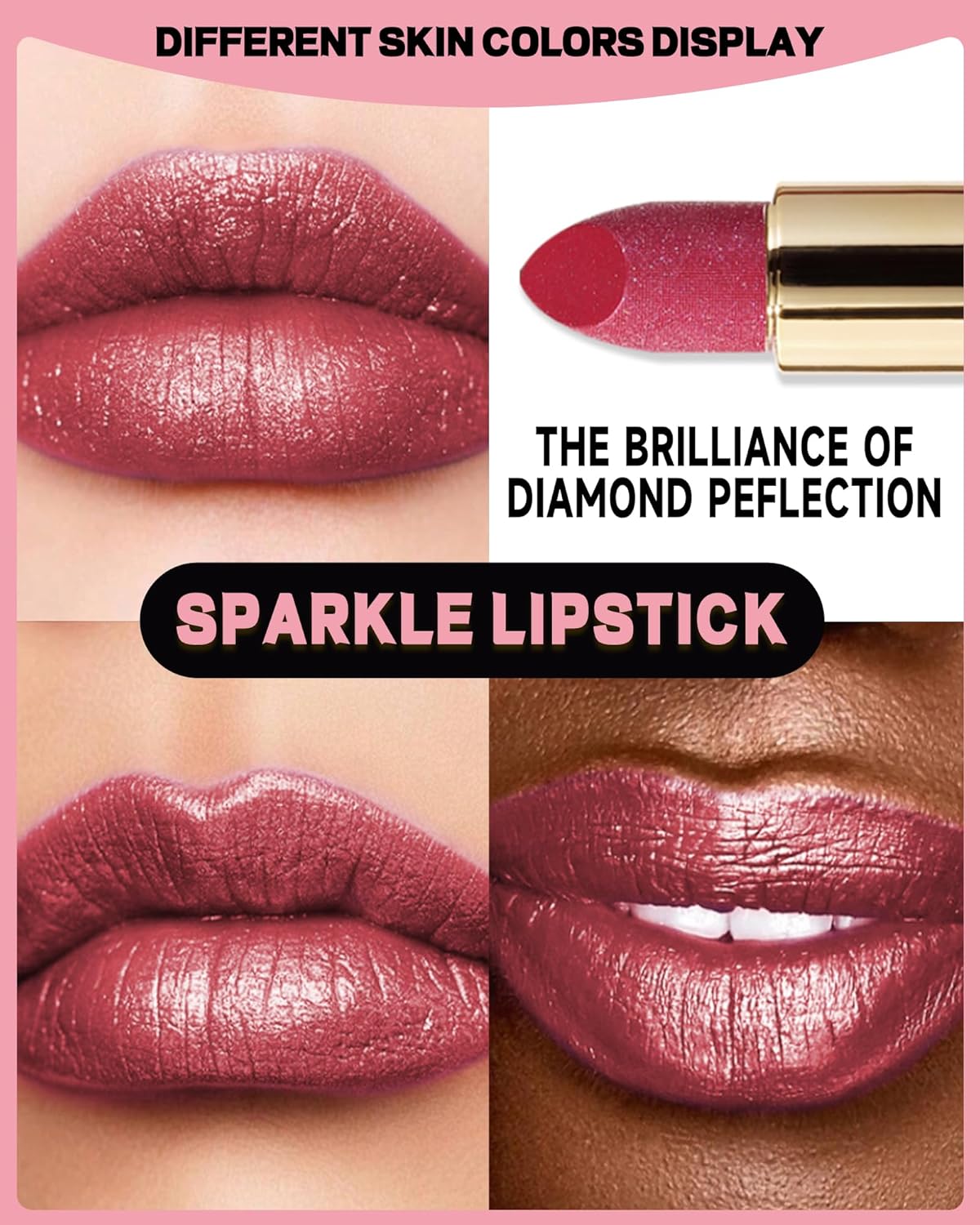 Glitter Metallic Rose Nude Shimmer Lipstick Long Lasting,Glitter Diamond Shine Red Lipstick Transfer Proof Non-Stick Lip Gloss Shimmer Highly Pigmented Full Coverage Lip Makeup for Women-05
