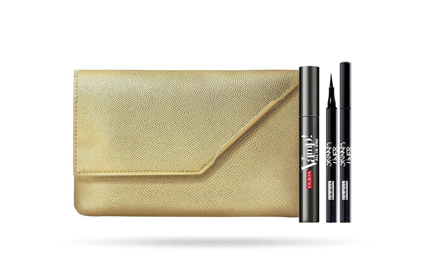 PUPA Milano Vamp! All In One And Skinny Liner Set - Volume Mascara And Ultra-Slim Eyeliner Pen - Naturally Formulated To Lengthen And Strengthen Lashes - Beautiful Gold Handbag - 3 Pc Mascara Kit