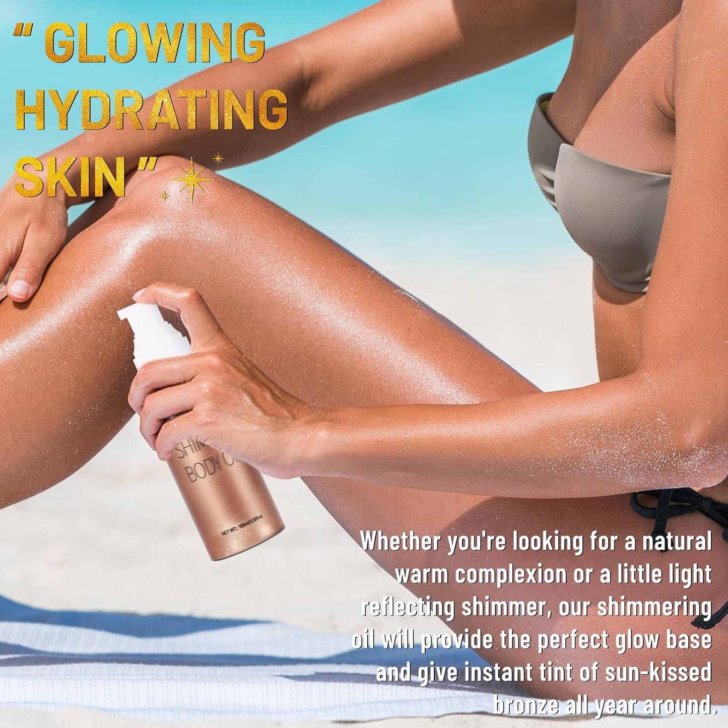 UCANBE Body Shimmer Oil - 100ml Moisturizing Glow Glitter Oil, Waterproof Shimmering Luminizer, Tinted Glowing Bronzer (Rose Gold)