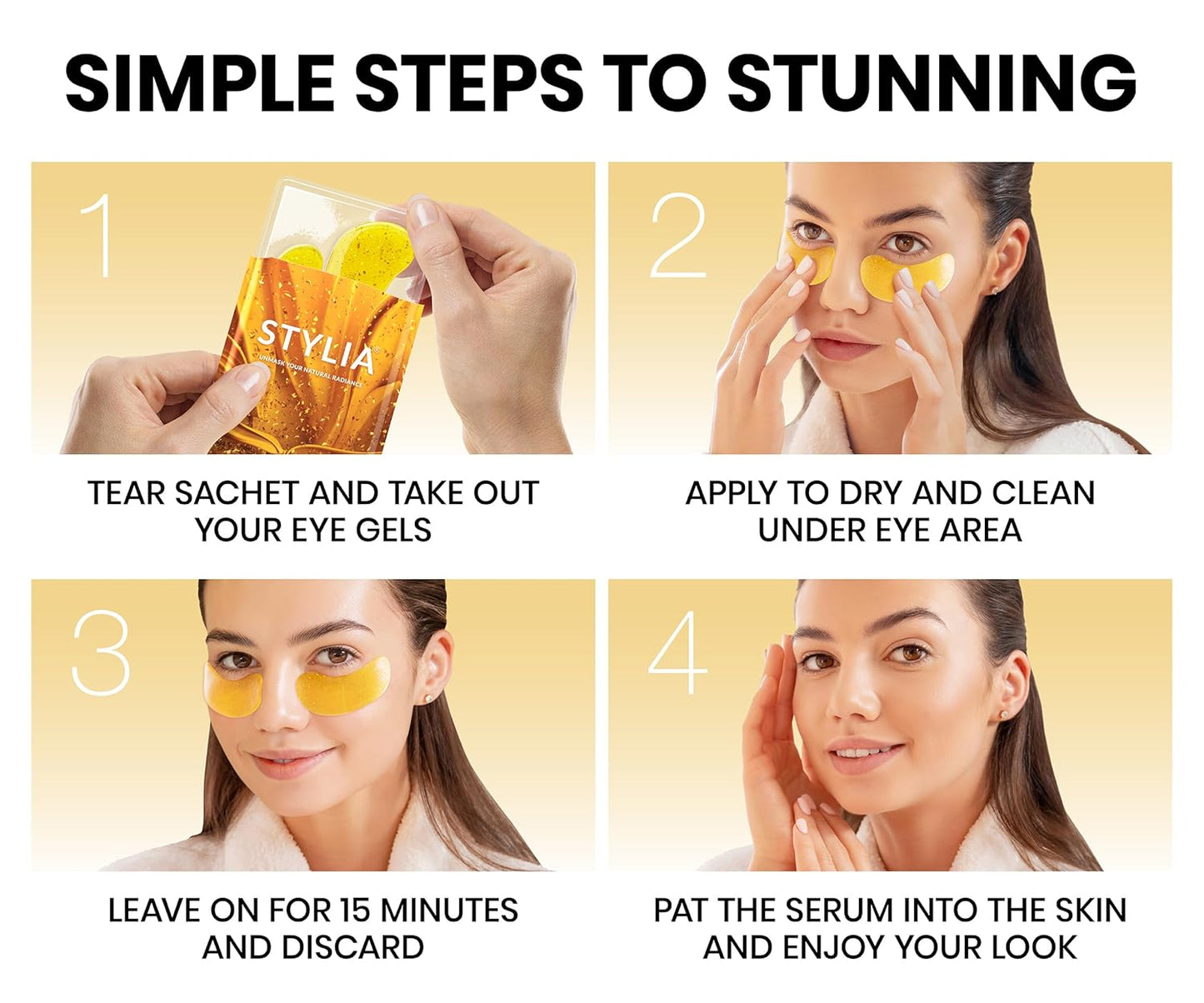 Stylia Under Eye Patches for Dark Circles and Puffy Eyes (30 Pairs) - 24k Gold Under Eye Mask with Vitamin C, Hyaluronic Acid, Pearl Extract - Eye Masks for Dark Circles and Puffiness