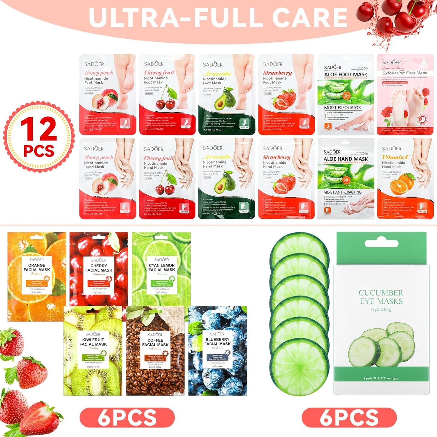 24 Pcs Fruits Beauty Facial Hand Foot Mask Cooling Eye Pads Set Spa Party Night Kit Beauty Skincare Hydrating Skin Cooling Eye Masks for Puffy Eyes Spa Stocking Stuffers Night Summer Party