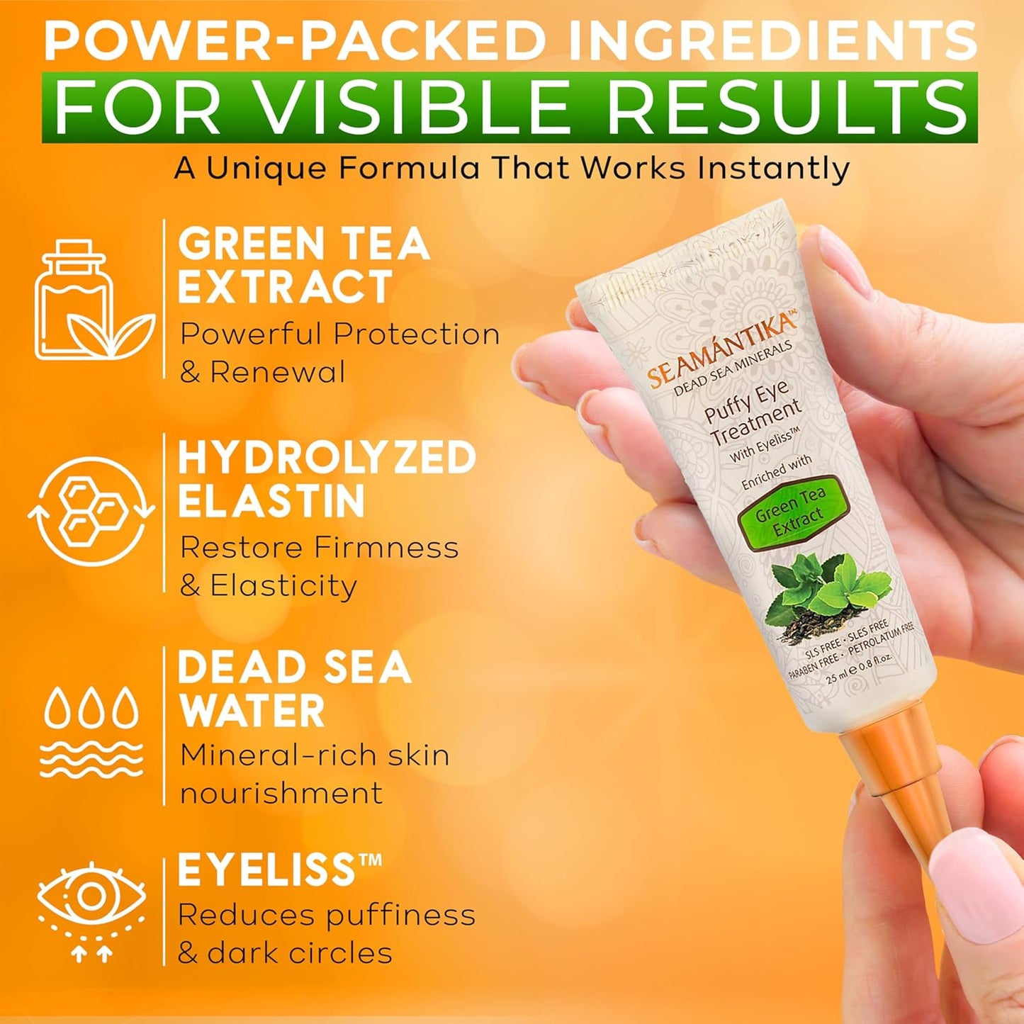 Puffy Eye Treatment Instant results – Naturally Eliminate Wrinkles, Puffiness, Dark Circle and Bags in Minutes – Hydrating Eye Cream w/ Green Tea Extract, Dead Sea Minerals by SEAMANTIKA – .8 fl.oz.