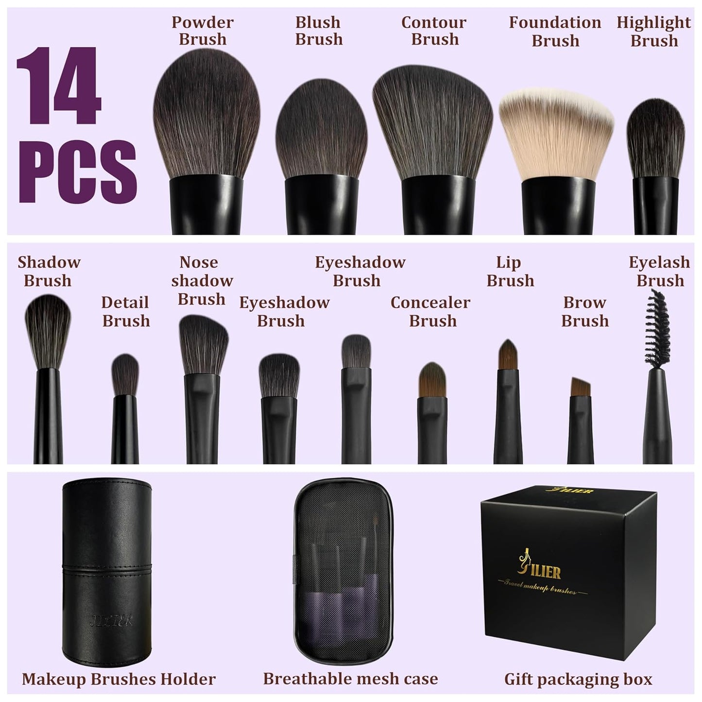 Jilier Travel Makeup Brush Set, 14 pcs Mini Makeup Brushes for Foundation, Powder, Eyeshadow, Highlight, Contour, Blush & Concealer, Small Makeup Brush Set Purse Size with Case (Purple)